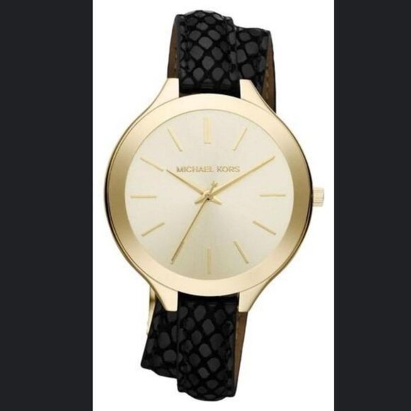 Leather Gold Black Michael Kors Womens Bracelet Cuff Wrap Around Wrist Watch - Picture 1 of 9